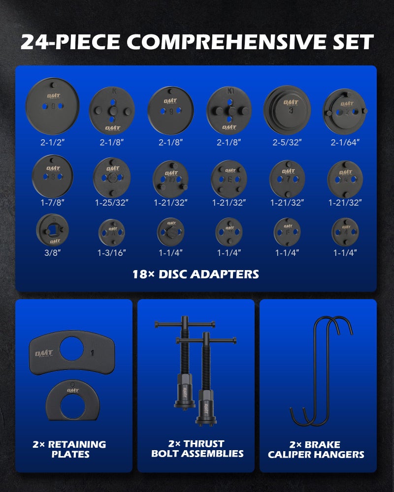 Orion Motor Tech Brake Caliper Wind Back Tool Kit  24pc Brake Caliper Compression Tool Set with Thrust Bolt Assemblies Retaining Plates Caliper Hangers 18 Disc Adapters  Brake Caliper Tool  Blue Case - Image 3